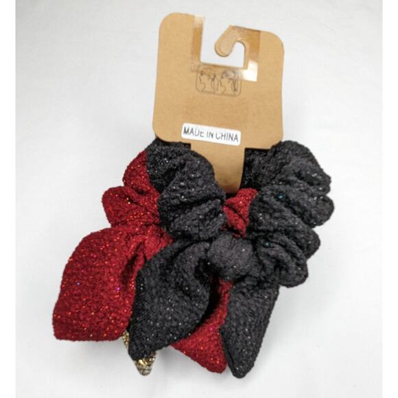 Festive Holiday Scrunchie Set Red, Gold & Black Ponytail Bows - Picture 2 of 5
